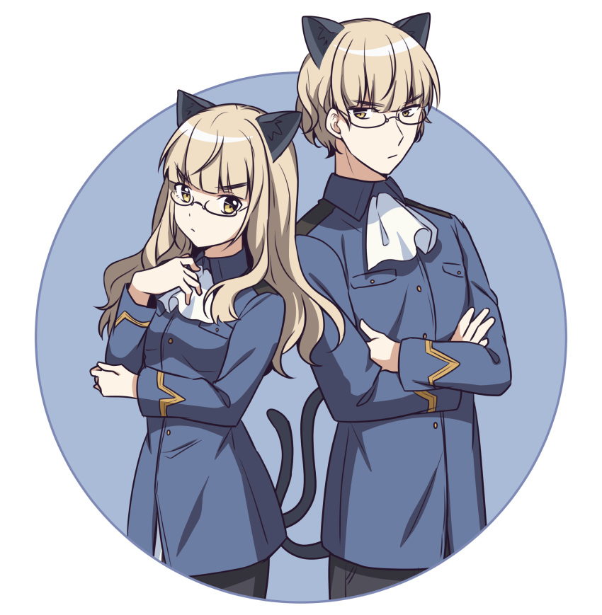 1boy 1girl absurdres animal_ears ascot bangs black_legwear black_pants blue_background blue_jacket brown_eyes brown_hair cat_boy cat_ears cat_girl cat_tail closed_mouth collared_jacket crossed_arms dual_persona eyebrows_visible_through_hair genderswap genderswap_(ftm) glasses hand_up highres ichiren_namiro jacket long_hair long_sleeves looking_at_viewer military_jacket pants pantyhose perrine_h_clostermann strike_witches tail tail_raised two-tone_background v-shaped_eyebrows white_background white_neckwear world_witches_series
