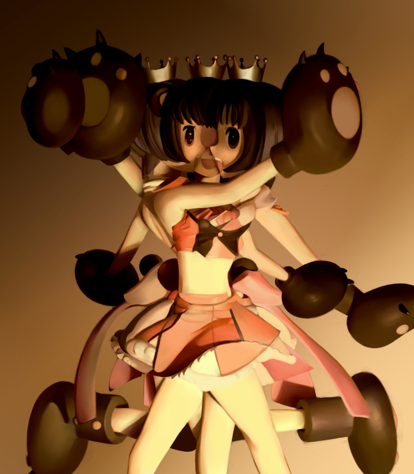 1girl abstract absurdres bow brown_background brown_bow brown_eyes brown_hair claws crown extra_arms frilled_skirt frills gloves gradient gradient_background highres midriff multiple_heads multiple_legs paw_boots paw_gloves pawpads paws pink_shirt pink_skirt shirt short_hair simple_background skirt smile ufoshock yuri_kuma_arashi yurishiro_ginko