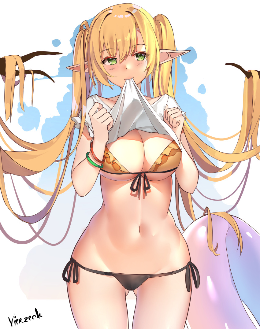 1girl absurdres artist_name ass_visible_through_thighs bangs bikini black_bikini blonde_hair blush bracelet breasts closed_mouth collarbone cowboy_shot elf english_commentary eyebrows_visible_through_hair front-tie_bikini front-tie_top green_eyes groin hair_between_eyes hair_intakes hands_up highres innertube jewelry large_breasts lifted_by_self long_hair long_pointy_ears looking_at_viewer midriff mouth_hold navel original pointy_ears shiny shiny_skin shirt_in_mouth shirt_lift short_hair side-tie_bikini sidelocks smile solo standing stomach string_bikini swimsuit tree_branch twintails under_boob very_long_hair vierzeck