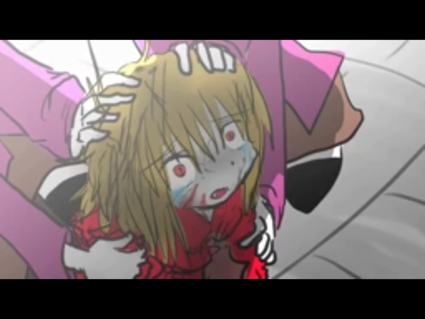 3girls beige_skirt black_legwear blonde_hair blood blood_on_face captured crying crying_with_eyes_open flandre_scarlet hands_on_another's_face hands_on_another's_shoulders highres messy_hair multiple_girls outdoors purple_suit screencap tears torn_clothes touhou vampire