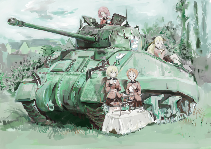 4girls absurdres artist_request assam_(girls_und_panzer) blonde_hair breasts caterpillar_tracks clouds commentary_request cup darjeeling_(girls_und_panzer) day emblem girls_und_panzer grass ground_vehicle highres house long_hair looking_at_viewer m4_sherman military military_uniform military_vehicle motor_vehicle multiple_girls orange_hair orange_pekoe_(girls_und_panzer) redhead rosehip_(girls_und_panzer) sherman_firefly short_hair skirt sky smile st._gloriana's_(emblem) st._gloriana's_military_uniform table tank teacup teapot traditional_media uniform