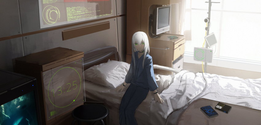 1girl absurdres aquarium asteroid_ill bed bed_sheet book cable choker clock digital_clock green_eyes hair_between_eyes highres hospital iz_(asteroid_ill) long_hair looking_at_viewer original pillow sitting smile solo stool television white_hair wristband