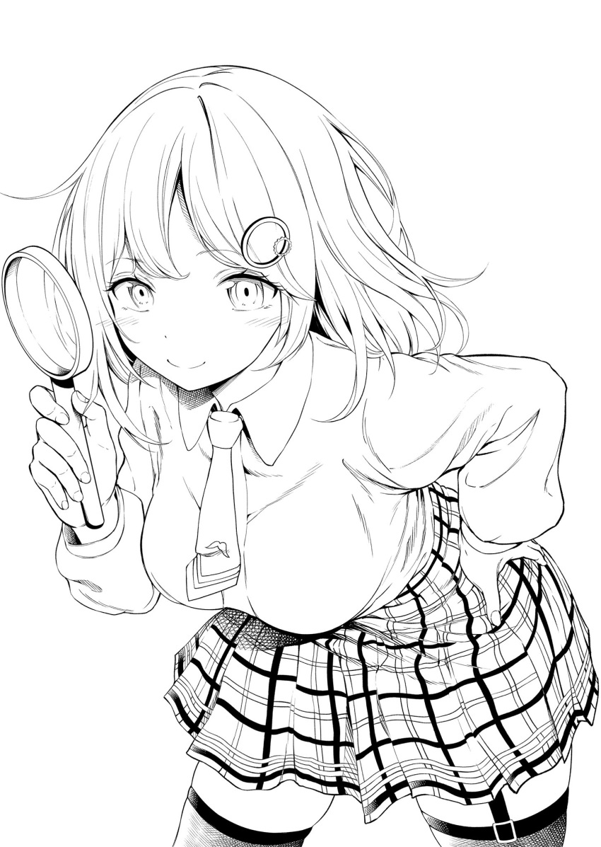 1girl bent_over breasts hand_on_hip highres holding_magnifying_glass hololive hololive_english imokenpi0916 large_breasts lineart looking_at_viewer medium_hair monochrome plaid plaid_skirt skirt solo thigh-highs watson_amelia white_background