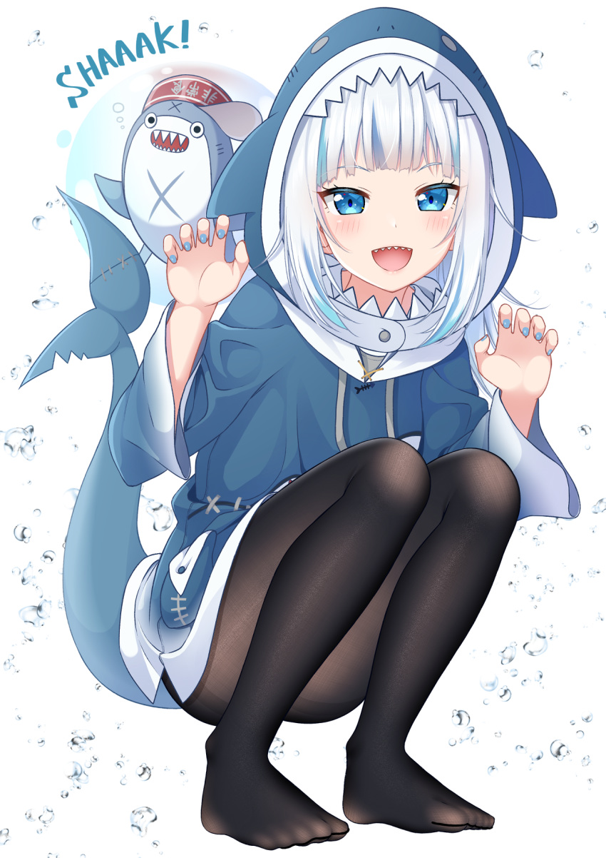 1girl :d air_bubble animal_hood bloop_(gawr_gura) blue_eyes blue_hair blue_hoodie blue_nails blush bubble claw_pose commentary_request commentary_typo drawstring english_text fine_fabric_emphasis full_body gawr_gura gurande_(g-size) hands_up highres hololive hololive_english hood hood_up hoodie long_sleeves looking_at_viewer multicolored_hair nail_polish no_shoes open_mouth pantyhose shark_hood shark_tail sharp_teeth silver_hair smile squatting streaked_hair tail teeth typo virtual_youtuber white_background wide_sleeves