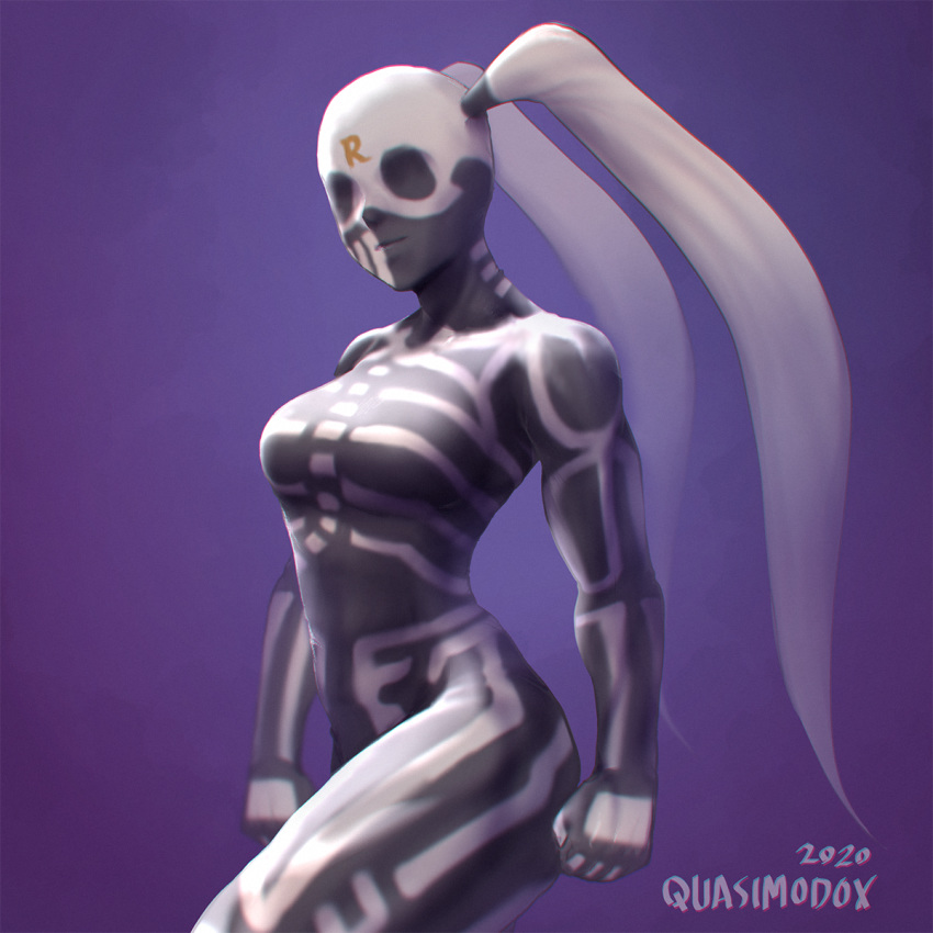 1girl alternate_hair_color bodysuit breasts clenched_hands commentary covered_eyes english_commentary fighting_ex_layer fusion highres long_hair medium_breasts nose purple_background quasimodox rainbow_mika skeleton_print skin_tight skullomania solo street_fighter thick_thighs thighs twintails very_long_hair white_hair