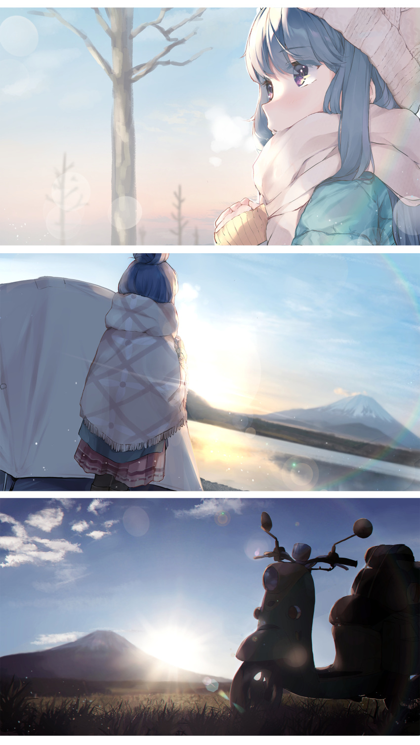 1girl absurdres bare_tree beanie black_legwear blue_hair blue_jacket blue_sky blush breath brown_skirt clouds commentary_request day facing_away field grey_headwear ground_vehicle hair_bun hands_together hands_up hat highres jacket lake long_hair long_sleeves looking_away motor_vehicle mount_fuji mountain outdoors own_hands_together pantyhose parted_lips pleated_skirt ringosutta scarf scooter shima_rin skirt sky sleeves_past_wrists sunrise tent tree violet_eyes white_scarf yurucamp