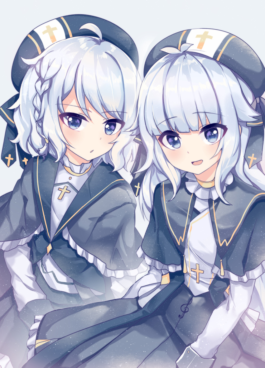 2girls :d absurdres ahoge antenna_hair bangs beret black_capelet black_headwear black_skirt blue_eyes blush braid capelet commentary_request eyebrows_visible_through_hair frilled_capelet frilled_skirt frills grey_background hat highres kiri_sakura latin_cross long_hair long_sleeves looking_at_viewer multiple_girls open_mouth original parted_lips pleated_skirt shirt siblings silver_hair simple_background sisters sitting skirt smile twins white_shirt