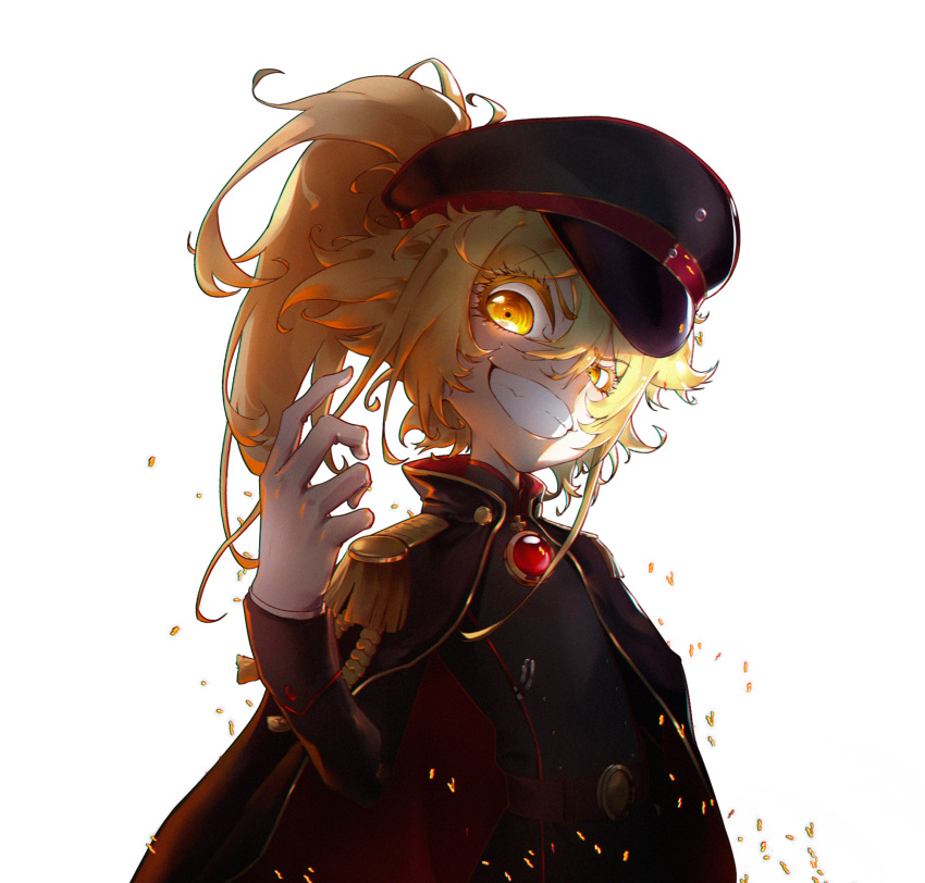 1girl belt blonde_hair brooch cape chinese_commentary commentary_request epaulettes garreg_mach_monastery_uniform gesugao gold_trim hat highres jewelry l_ract long_hair looking_at_viewer military military_hat military_jacket military_uniform peaked_cap ponytail simple_background solo tanya_degurechaff teeth uniform upper_body white_background yellow_eyes youjo_senki