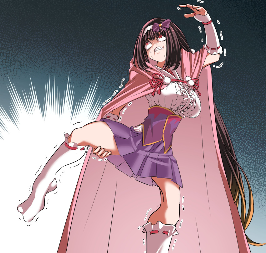 1girl bangs black_hair breasts clenched_teeth eye_pop fate/grand_order fate_(series) hand_on_own_thigh highres large_breasts leg_up long_hair looking_up open_hand osakabe-hime_(fate/grand_order) parody red_eyes solo split standing standing_on_one_leg standing_split teeth trembling very_long_hair yakuoyoso