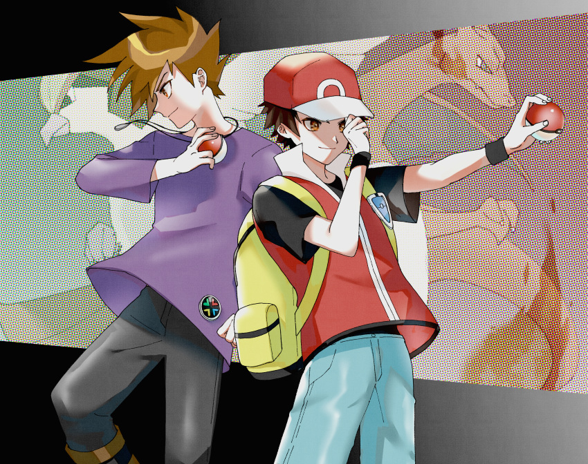 2boys aqua_pants asta0531 badge baseball_cap black_pants black_wristband blue_oak boots brown_footwear brown_hair charizard closed_mouth commentary_request fingernails gen_1_pokemon gotcha! hand_on_headwear hat highres holding holding_poke_ball jewelry male_focus multiple_boys necklace pants pidgeot poke_ball poke_ball_(basic) pokemon pokemon_(game) pokemon_frlg pokemon_rgby popped_collar purple_shirt red_(pokemon) shirt short_sleeves smile vs_seeker wristband