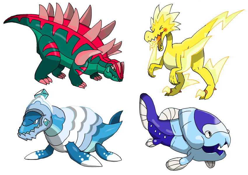 &gt;_&lt; absurdres arctovish arctozolt black_eyes claws closed_mouth commentary_request dracovish dracozolt gen_8_pokemon highres no_humans open_mouth pokemon pokemon_(creature) saurasu simple_background spikes standing tongue white_background