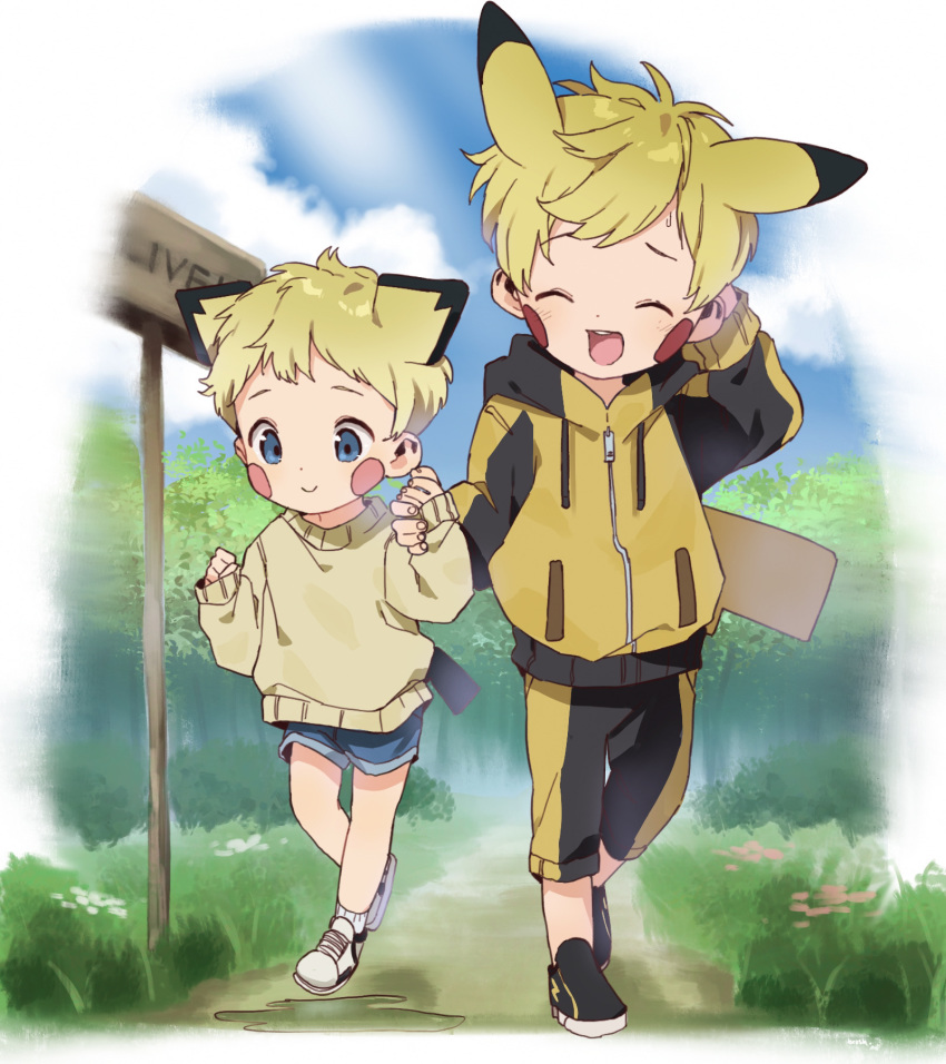 2boys :d ^_^ animal_ears black_footwear blonde_hair blue_eyes blue_footwear blush_stickers child closed_eyes closed_mouth day drawstring extra_ears facial_mark facing_viewer full_body gen_1_pokemon hand_up hands_up height_difference highres holding_hands hood hood_down hooded_jacket jacket long_sleeves multiple_boys nature open_mouth pants pikachu pikachu_ears pokemon pokemon_ears raichu road road_sign scratching_head shoes sign sky smile socks sweater thebrushking walking yellow_jacket yellow_pants yellow_sweater