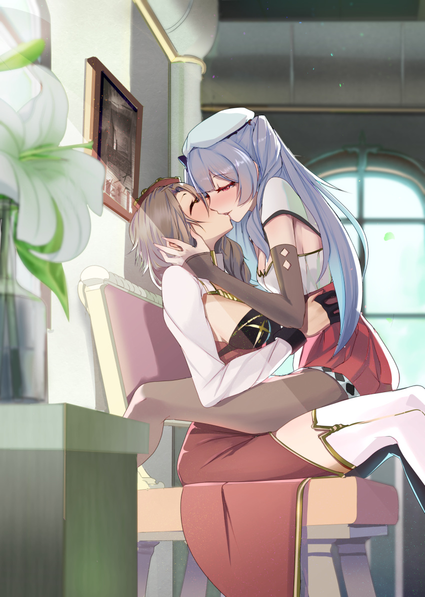 2girls ajax_(azur_lane) azur_lane capelet chair closed_eyes commentary_request cowboy_shot exeter_(azur_lane) flower from_side hair_over_shoulder half-closed_eyes high-waist_skirt highres indoors lily_(flower) long_hair looking_at_another monobe_yuri multiple_girls pantyhose red_skirt sitting sitting_on_lap sitting_on_person skirt spread_legs striped striped_headwear two_side_up white_capelet white_flower white_headwear window yuri