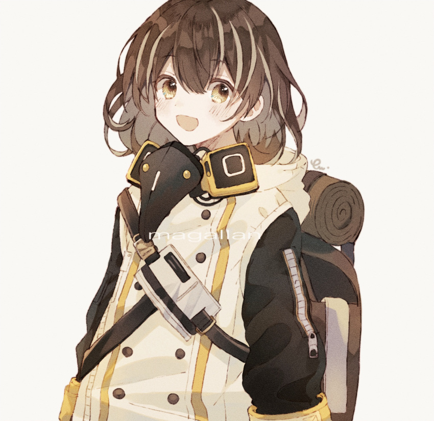 1girl arknights beak_mask bird blush brown_hair eyebrows_visible_through_hair gas_mask highres jacket looking_at_viewer magallan_(arknights) mask_around_neck medium_hair multicolored_hair nstlgie open_mouth penguin rhine_lab_logo short_hair simple_background smile solo streaked_hair