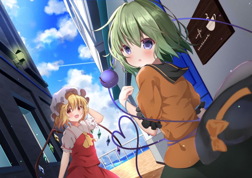 2girls absurdres alley ascot blonde_hair blush bow chestnut_mouth clouds cowboy_shot crystal day dutch_angle eyeball eyebrows_visible_through_hair fang flandre_scarlet frilled_sleeves frills green_hair hand_behind_head hat hat_bow hat_ribbon headwear_removed heart heart_of_string highres kirikaze_ren komeiji_koishi looking_at_viewer mob_cap multiple_girls open_mouth parted_lips puffy_short_sleeves puffy_sleeves red_eyes red_skirt red_vest ribbon shirt short_hair short_sleeves skirt sky smile third_eye touhou vest violet_eyes wings yellow_neckwear yellow_shirt