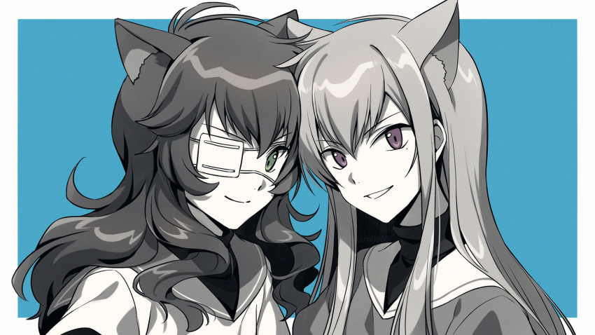 2boys androgynous animal_ears bangs blue_background border brothers cat_ears closed_mouth commentary_request eyepatch green_eyes greyscale hair_between_eyes highres long_hair looking_at_viewer loveless male_focus medical_eyepatch mole mole_under_eye monochrome multiple_boys parted_lips sagan_natsuo sagan_youji sayshownen shirt siblings simple_background smile spot_color turtleneck twitter_username violet_eyes watermark white_border