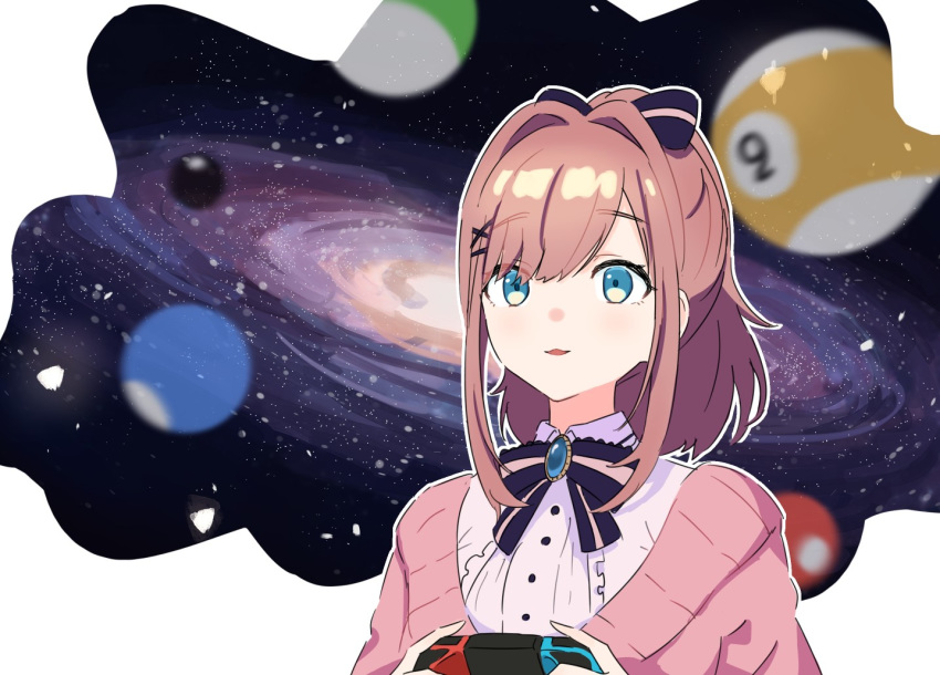 1girl blue_eyes brooch brown_hair cardigan center_frills collared_shirt commentary controller eyebrows_visible_through_hair frills ftst2020 galaxy game_controller hair_ornament holding holding_controller holding_game_controller jewelry nijisanji nintendo_switch open_mouth pink_cardigan pool_ball shirt sidelocks solo space suzuhara_lulu upper_body virtual_youtuber white_shirt x_hair_ornament