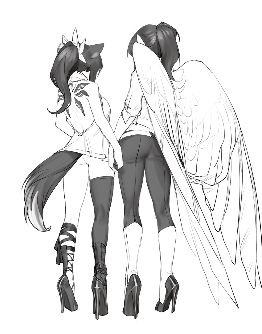 2girls absurdres angel_wings animal_ears ankle_lace-up ass back_tattoo backless_dress backless_outfit bare_arms bare_shoulders boots cross-laced_footwear dress facing_away from_behind full_body greyscale high_heel_boots high_heels highres holding_hands knee_boots less long_hair monochrome multiple_girls original pants ponytail short_dress simple_background single_thighhigh standing tail tattoo thigh-highs wing_tattoo wings