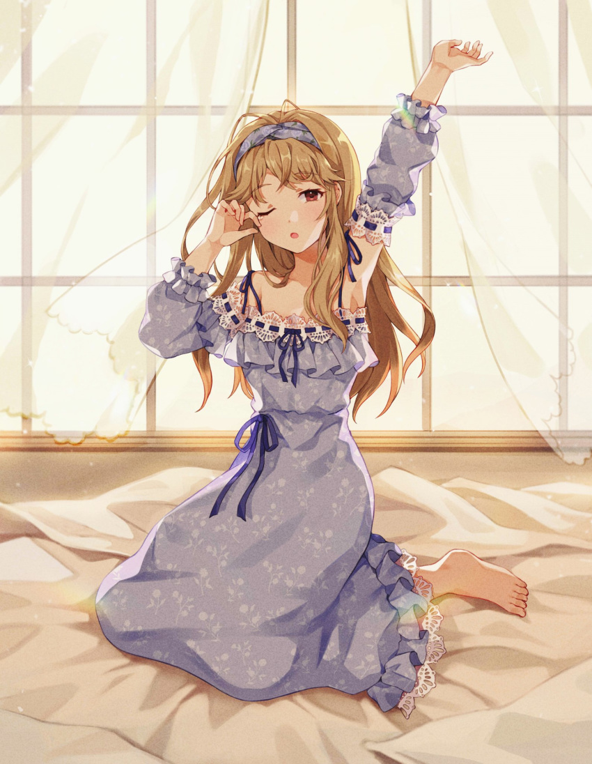 1girl ;o alternate_hairstyle arm_up armpits bangs barefoot bed blue_dress blue_hairband blue_ribbon brown_eyes collarbone commentary curtains detached_sleeves dress eyebrows_visible_through_hair floral_print frilled_dress frilled_sleeves frills full_body hair_down hairband hand_up highres idolmaster idolmaster_million_live! idolmaster_million_live!_theater_days indoors lens_flare light_brown_hair light_particles long_dress long_hair looking_at_viewer morning nightgown on_bed one_eye_closed open_mouth outstretched_arm pinkiepies2 print_dress print_hairband ribbon ribbon-trimmed_dress ribbon-trimmed_sleeves ribbon_trim shiny shiny_hair sidelocks sitting sleepy sleeveless sleeveless_dress solo spaghetti_strap sunlight symbol_commentary tears tenkuubashi_tomoka waking_up window wiping_tears yokozuwari