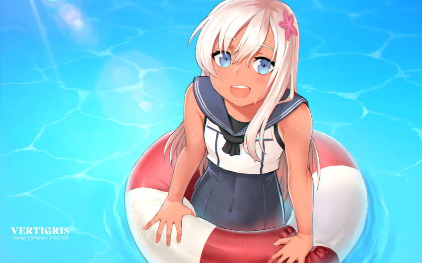 1girl bare_arms blue_eyes blush crop_top english_commentary flower hair_flower hair_ornament highres innertube kantai_collection lifebuoy long_hair looking_at_viewer one-piece_swimsuit one-piece_tan open_mouth outdoors ro-500_(kantai_collection) sailor_collar school_swimsuit school_uniform serafuku smile solo swimsuit swimsuit_under_clothes tan tanline vertigris water wet white_hair