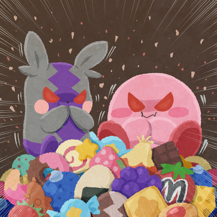 angry berry blush brown_background candy chocolate colored_skin eating fantasy food food_focus fruit kirby kirby's_dream_land kirby_(series) maxim_tomato miclot morpeko no_humans pink_skin pokemon red_eyes simple_background sitting