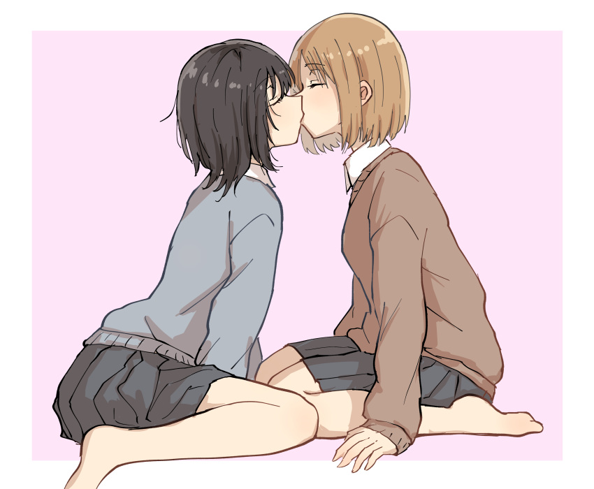 2girls absurdres betock bob_cut brown_hair closed_eyes highres kiss multiple_girls original school_uniform short_hair sitting sweater_vest yuri