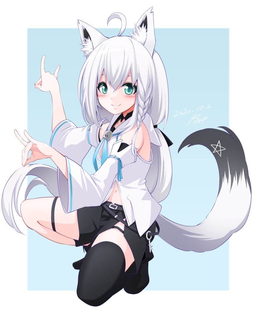 1girl absurdres ahoge animal_ear_fluff animal_ears aqua_eyes arm_garter bangs black_legwear black_shorts blue_background blush braid closed_mouth cropped_background dated detached_sleeves fox_ears fox_girl fox_shadow_puppet fox_tail gashitani gradient gradient_background hair_between_eyes highres hololive long_hair looking_at_viewer low_ponytail navel pentagram ponytail raised_eyebrows shirakami_fubuki shorts side_braid side_slit signature single_thighhigh smile solo squatting tail thigh-highs thigh_strap virtual_youtuber white_hair white_sleeves wide_sleeves