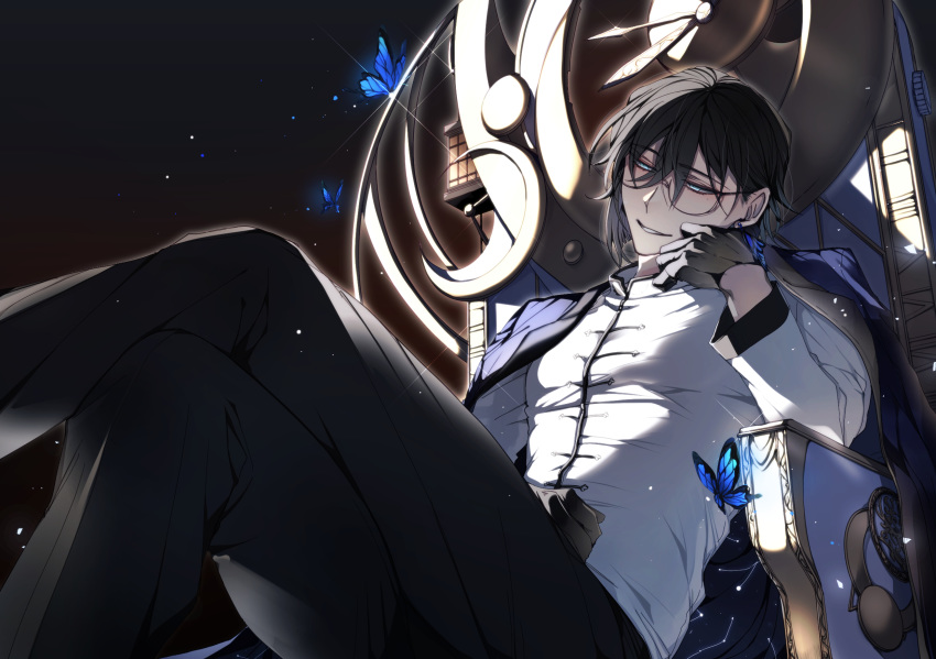 1boy animal black_gloves black_hair blue_butterfly blue_eyes blue_jacket bug butterfly chinese_clothes clock constellation crossed_legs earrings glasses glint gloves hair_between_eyes highres insect jacket jacket_on_shoulders jewelry lantern male_focus original parted_lips shunnyun single_earring sitting smile solo throne