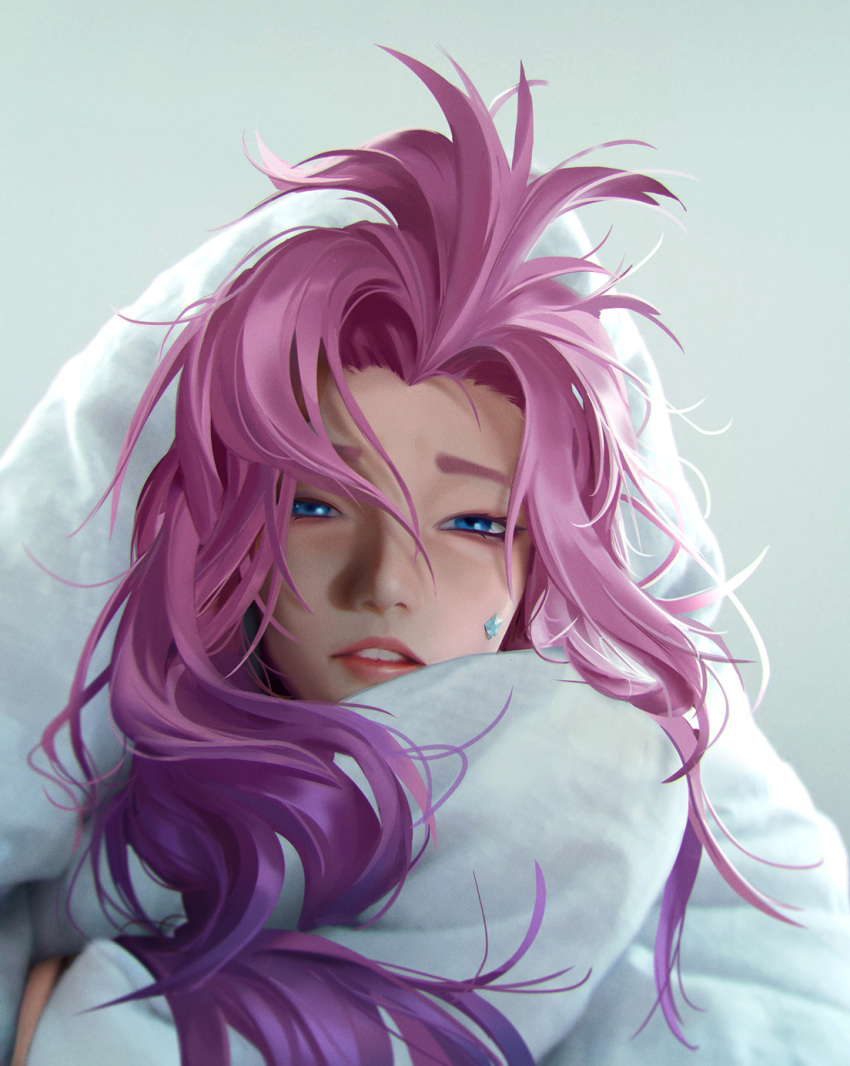 1girl bed_sheet blue_eyes commentary english_commentary facial_mark highres league_of_legends lips long_hair looking_at_viewer messy_hair official_art pink_hair seraphine_(league_of_legends) sleepy solo star_(symbol) waking_up