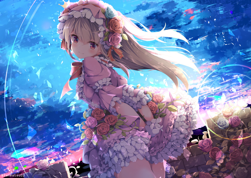 1girl arms_behind_back artist_name bangs blonde_hair commentary_request crown dress eyebrows_visible_through_hair floating_hair flower gloves hair_between_eyes hair_flower hair_ornament headdress layered_dress light_particles long_hair looking_at_viewer looking_back mini_crown niwasane_(saneatsu03) original pink_dress puffy_sleeves red_eyes rose sidelocks solo white_gloves