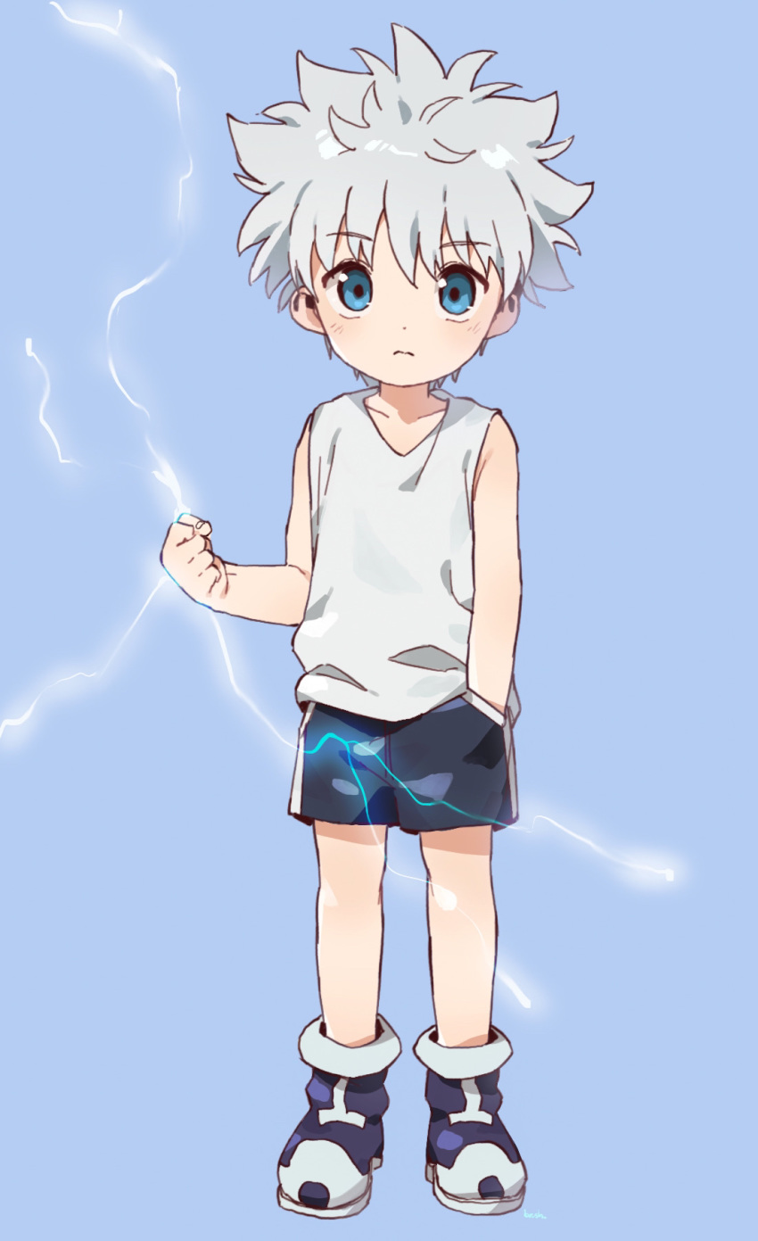 1boy bare_arms bare_shoulders black_shorts blue_background blue_eyes clenched_hand electricity full_body hand_in_pocket highres hunter_x_hunter killua_zoldyck looking_at_viewer male_focus shoes shorts simple_background sleeveless standing tank_top thebrushking white_hair white_tank_top