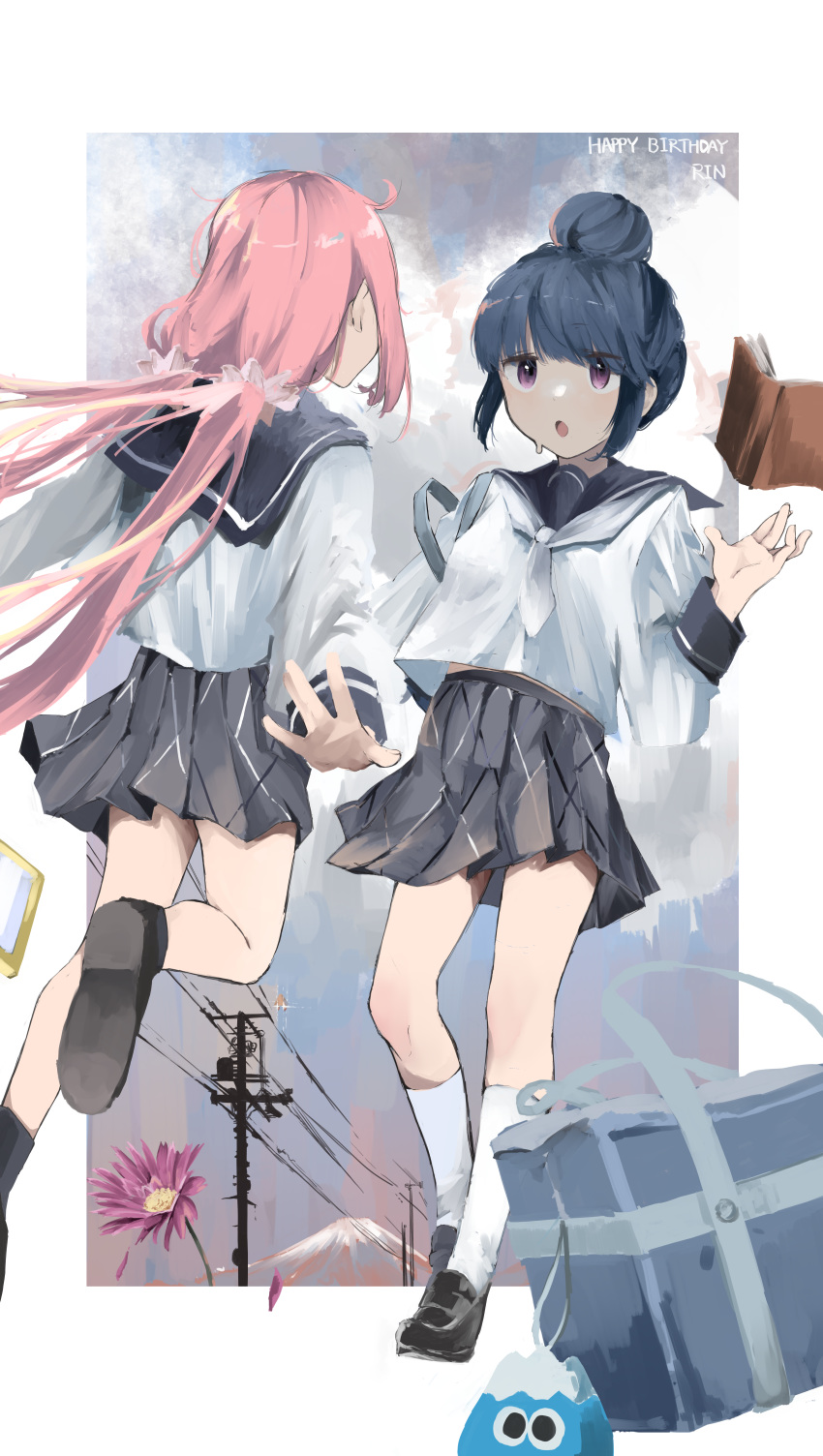 2girls absurdres bag birthday blue_hair blush book border commentary flower from_behind hair_bun highres huge_filesize kagamihara_nadeshiko leadin_the_sky leg_up long_hair looking_at_another low_twintails mountain multiple_girls open_mouth outdoors petals pink_hair power_lines school_bag school_uniform shima_rin shoes skirt sky socks surprised sweatdrop twintails very_long_hair violet_eyes white_border yurucamp