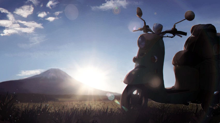 blue_sky blurry blurry_background clouds depth_of_field field ground_vehicle highres motor_vehicle mount_fuji mountain no_humans outdoors ringosutta scooter sky sunrise yurucamp