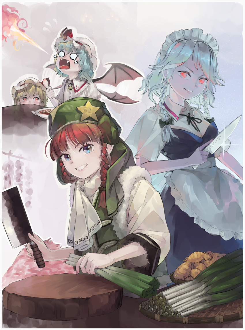 4girls adapted_costume apron bangs bat_wings bent_spoon blonde_hair blue_eyes blue_vest blunt_bangs breathing_fire brooch cleaver cutting_board fire flandre_scarlet flat_cap fur-trimmed_vest glint gradient gradient_background green_headwear green_vest hat hat_ribbon head_tilt highres holding holding_knife holding_spoon hong_meiling izayoi_sakuya jewelry knife looking_at_another looking_at_viewer maid_apron maid_headdress mixed-language_commentary mob_cap multiple_girls o_o plate puffy_short_sleeves puffy_sleeves purple_background red_eyes redhead remilia_scarlet ribbon riki6 shirt short_hair short_sleeves silver_hair smile spoon spring_onion star_(symbol) symbol_commentary table tears touhou upper_body vest white_headwear white_shirt white_sleeves wings