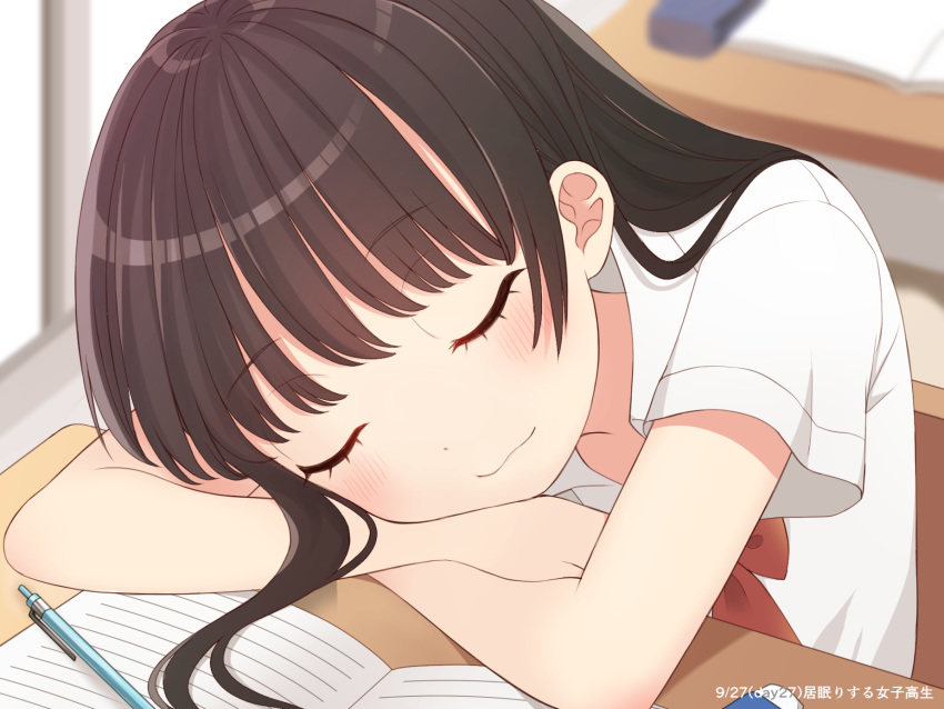 1girl :3 blush bow bowtie brown_hair classroom closed_eyes desk highres long_hair original school school_uniform sleeping solo uniform uramakaron