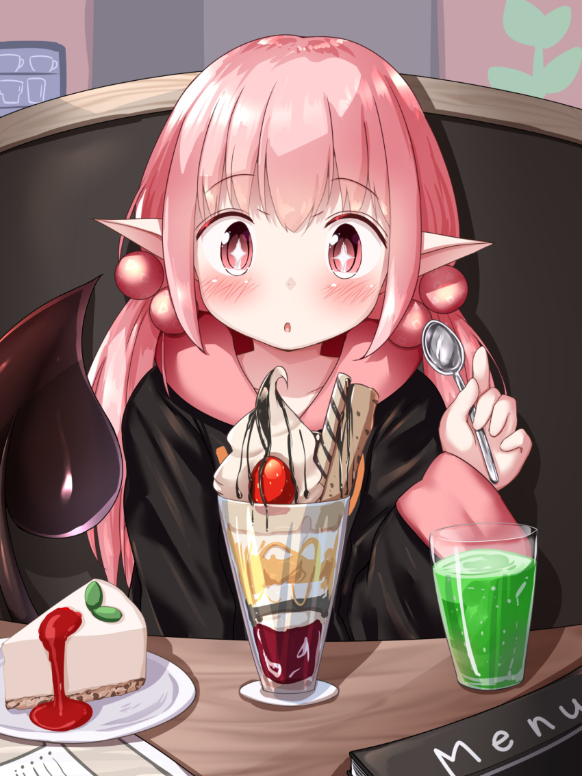 +_+ 1girl absurdres bangs black_hoodie blush cake cake_slice cheesecake commentary_request cup demon_girl demon_tail drinking_glass eyebrows_visible_through_hair food fruit hair_between_eyes hand_up highres holding holding_spoon hood hood_down hoodie indoors long_hair long_sleeves low_twintails menu mochiyuki original parfait parted_lips pink_hair pointy_ears red_eyes sitting sleeves_past_wrists solo spoon strawberry succubus table tail tail_raised twintails upper_body wafer_stick