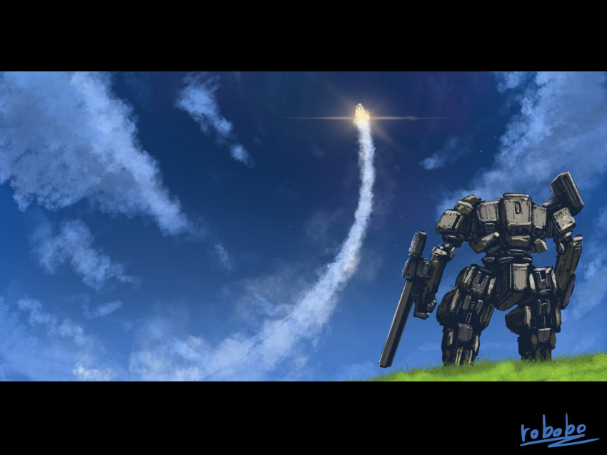 bottoms1237 clenched_hand clouds from_behind highres launching looking_up mecha no_humans original rocket scenery sky solo