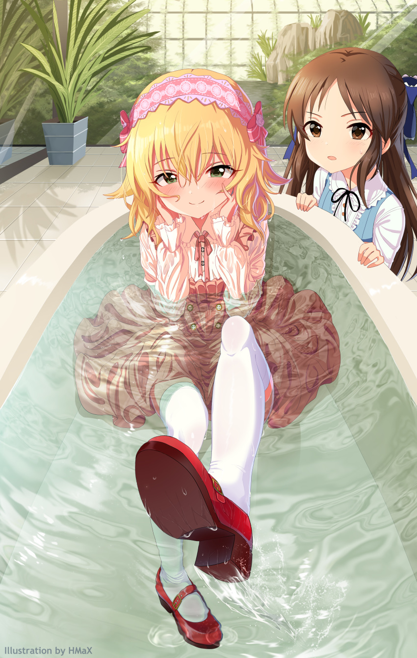 2girls absurdres bathtub blonde_hair blue_vest bow brown_eyes brown_hair commentary_request frilled_hairband frilled_shirt_collar frills green_eyes hair_bow hairband half_updo highres hmax idolmaster idolmaster_cinderella_girls indoors lolita_hairband long_hair long_sleeves looking_at_viewer mary_janes medium_hair multiple_girls neck_ribbon pink_hairband plant red_footwear ribbon sakurai_momoka shirt shoes tachibana_arisu thigh-highs vest water wavy_hair wet wet_clothes white_legwear white_shirt zettai_ryouiki