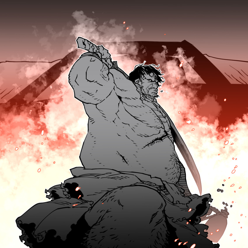 1boy blank_eyes burning commentary embers hairy hand_up highres holding holding_sword holding_weapon juzou_the_drunkard katana looking_at_viewer male_focus monochrome over_shoulder parted_lips red_theme ruins scar sekiro:_shadows_die_twice solo ssambatea sword weapon weapon_over_shoulder