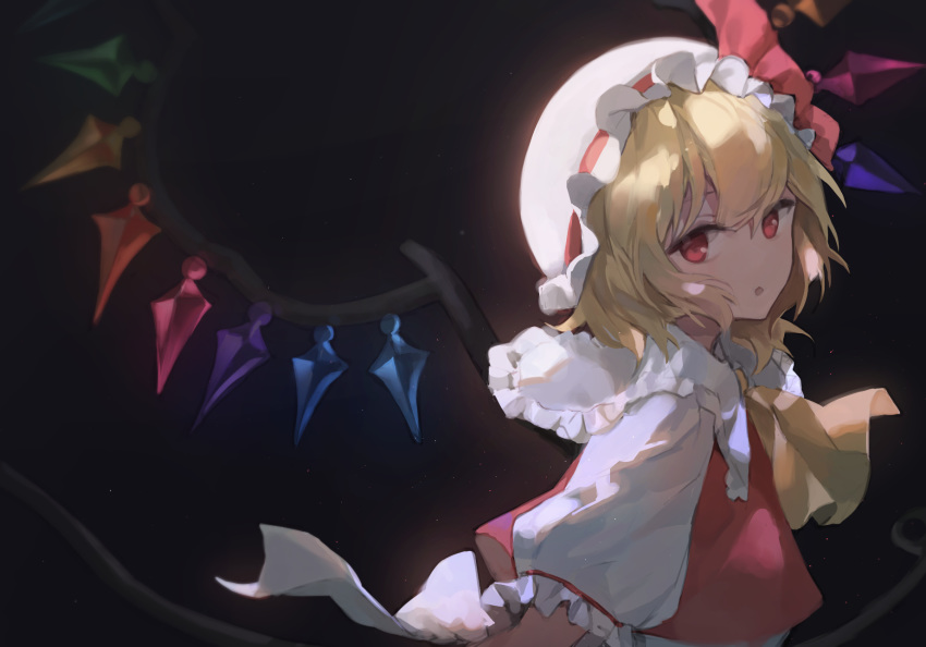 1girl :o ascot black_background blonde_hair commentary crystal eyebrows_behind_hair flandre_scarlet frilled_shirt_collar frills from_side glowing hair_between_eyes hat hat_ribbon highres holding holding_weapon laevatein light_particles looking_at_viewer medium_hair mob_cap parted_lips red_eyes red_ribbon red_vest ribbon shirt short_sleeves simple_background solo toory touhou upper_body vest weapon white_shirt wings yellow_neckwear