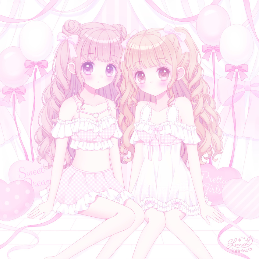 2girls balloon bangs bare_shoulders bikini blush bow braid breasts brown_eyes brown_hair closed_mouth commentary_request curly_hair curtains double_bun dress eyebrows_visible_through_hair feet_out_of_frame frilled_bikini frilled_dress frilled_skirt frills hair_bow heart highres himetsuki_luna long_hair looking_at_viewer multiple_girls off-shoulder_dress off_shoulder original parted_lips pink_bow pink_ribbon plaid plaid_bikini plaid_skirt ribbon signature sitting skirt small_breasts striped striped_background swimsuit unmoving_pattern vertical_stripes very_long_hair violet_eyes white_dress