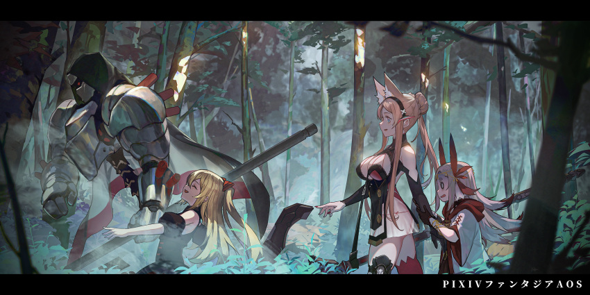 1boy 3girls animal_ears blonde_hair blue_eyes boots breasts hair_ornament highres large_breasts mek multiple_girls open_mouth original pink_hair pink_legwear pixiv_fantasia pixiv_fantasia_age_of_starlight shoes tail white_hair