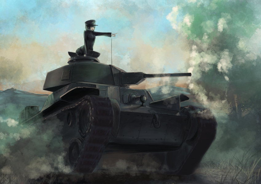 1girl akitsu_maru_(kantai_collection) black_eyes black_hair breasts caterpillar_tracks clouds commentary_request day dust dust_cloud evening gloves grass ground_vehicle hat highres kantai_collection military military_hat military_uniform military_vehicle motor_vehicle nito_(nshtntr) short_hair skirt sky solo tank tree type_97_chi-ha uniform white_gloves