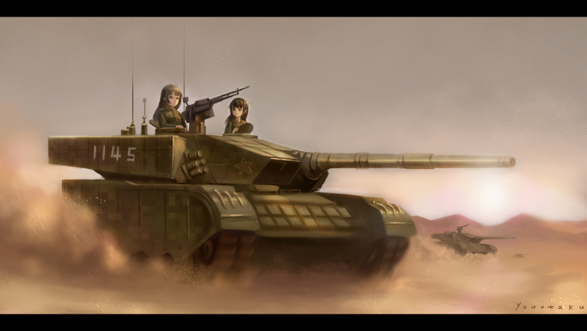 2girls absurdres artist_name black_hair breasts brown_eyes camouflage_shirt caterpillar_tracks clouds cloudy_sky commentary_request dust_cloud ground_vehicle gun highres long_hair looking_to_the_side machine_gun military military_uniform military_vehicle motor_vehicle mountain multiple_girls original people's_liberation_army sky star_(symbol) sunset tank type_99_tank uniform weapon youotaku