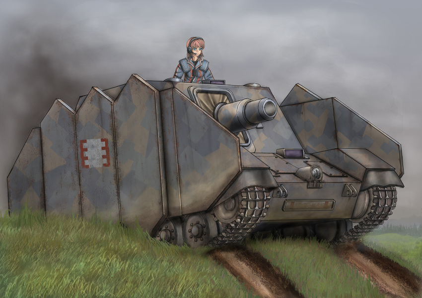 1girl aqua_eyes artist_request breasts caterpillar_tracks clouds cloudy_sky commentary_request forest grass ground_vehicle headphones military military_uniform military_vehicle motor_vehicle nature pink_hair self-propelled_artillery senjou_no_valkyria short_hair sky tank tank_destroyer uniform