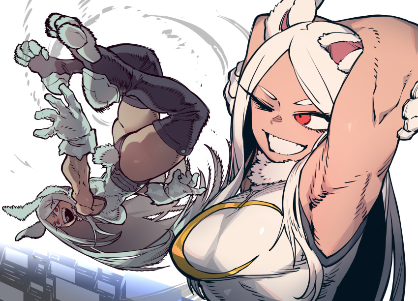 1girl :d animal_ears armpits ass black_legwear boku_no_hero_academia breasts bunny_tail fur_collar gloves grey_hair hands_up highres jumping large_breasts leotard long_hair looking_at_viewer mirko multiple_views one_eye_closed open_mouth rabbit_ears red_eyes smile ssambatea tail thigh-highs upper_teeth very_long_hair white_gloves
