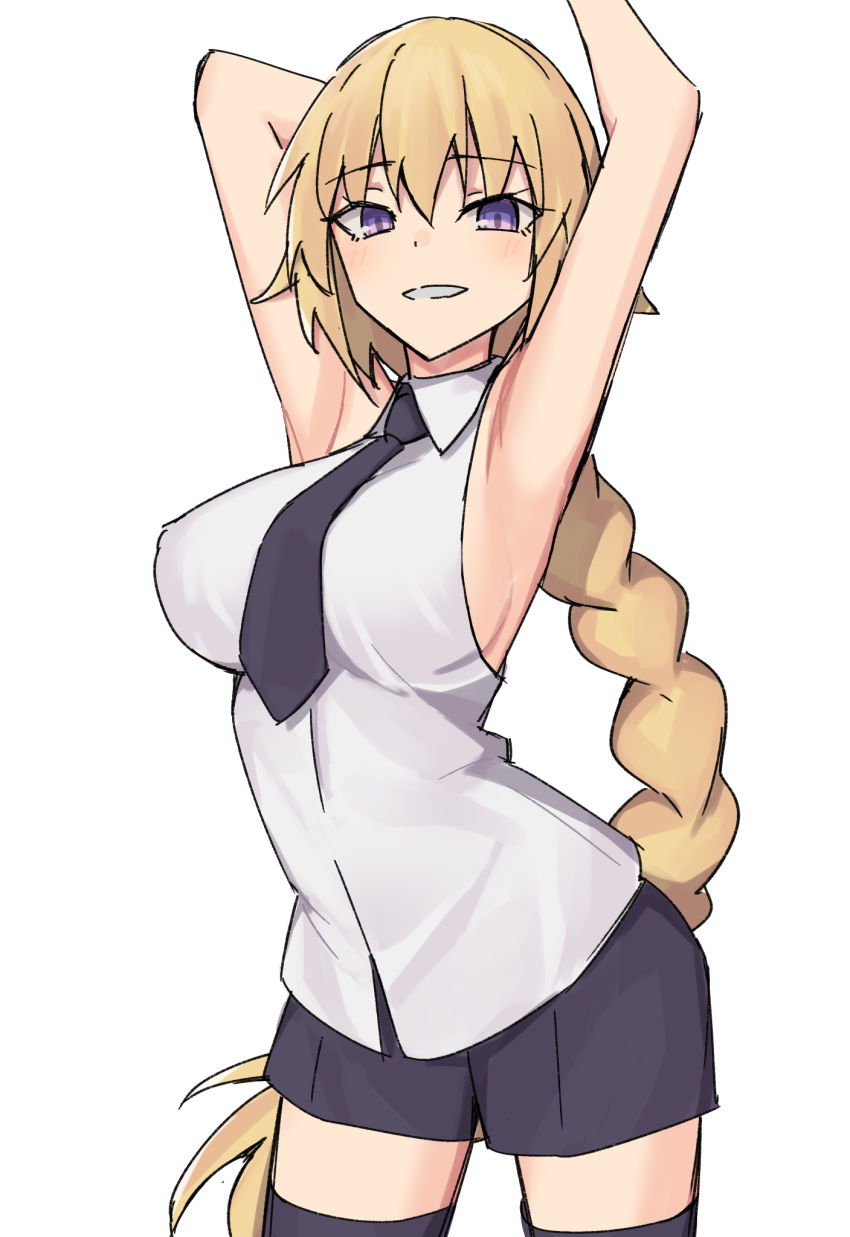 1girl armpits arms_up bangs bare_shoulders blonde_hair blush braid breasts collared_shirt elfenlied22 fate/apocrypha fate_(series) grey_shorts highres jeanne_d'arc_(fate) jeanne_d'arc_(fate)_(all) large_breasts long_braid long_hair looking_at_viewer necktie shirt shorts simple_background single_braid sleeveless sleeveless_shirt smile thighs very_long_hair violet_eyes white_background white_shirt