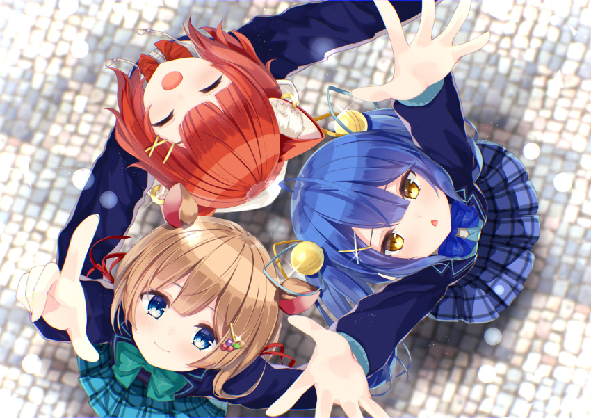 3girls :&lt; :d ^_^ amamiya_kokoro animal_ear_fluff animal_ears bell blazer blue_bow blue_eyes blue_hair blue_jacket blue_ribbon blue_skirt blurry blurry_background blush bow brown_eyes brown_hair closed_eyes closed_mouth commentary_request deer_ears depth_of_field drawstring ear_piercing eli_conifer food_themed_hair_ornament from_above glint grape_hair_ornament hair_bell hair_ornament hair_ribbon hairclip highres jacket jingle_bell long_hair long_sleeves looking_at_viewer looking_up multiple_girls nijisanji open_mouth outstretched_arms parted_lips piercing pleated_skirt pointing pointing_at_viewer ratna_petit red_panda_ears red_ribbon ribbon rupe_paperu school_uniform shirt skirt smile triangle_mouth twintails virtual_youtuber white_shirt x_hair_ornament yellow_ribbon