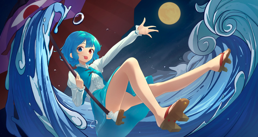 1girl :p absurdres blue_eyes blue_hair blue_skirt blue_vest center_frills commentary_request frills full_body full_moon geta heterochromia highres holding holding_umbrella kanpa_(campagne_9) karakasa_obake long_sleeves looking_at_viewer moon night outstretched_arm purple_umbrella red_eyes short_hair skirt sky solo star_(sky) starry_sky tatara_kogasa tongue tongue_out touhou umbrella vest water waves