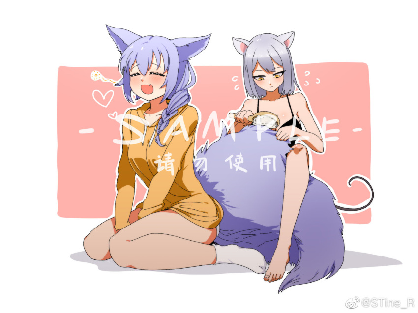 animal_ears arknights artist_name bare_legs barefoot blush braid brush heart hood hoodie large_tail mouse_ears mouse_tail panties provence_(arknights) purple_hair scavenger_(arknights) silver_hair single_braid stine_r tail tail_brushing thighs underwear watermark white_panties wolf_ears wolf_tail yellow_eyes